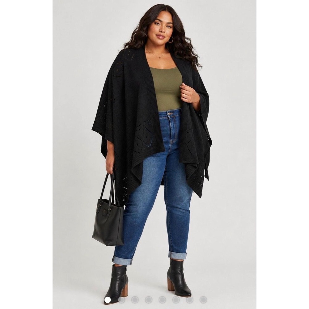 Torrid Black Pointelle Diamond Knit Open Front Wrap Shawl One Size